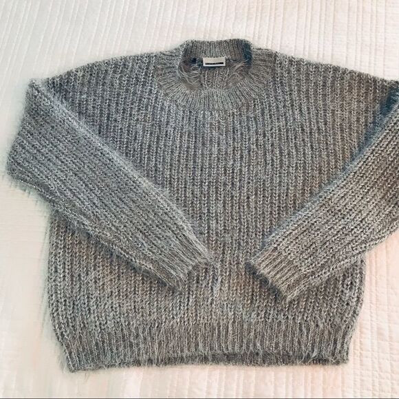 Noisy May Gray Fuzzy Crew Neck with Silver Sparkle Thread and Feathered Back - Picture 1 of 9